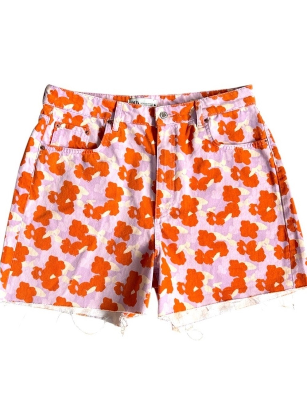 EUC Zara The 90s Short Pop Art Floral Raw Edge High Rise Shorts Size 12